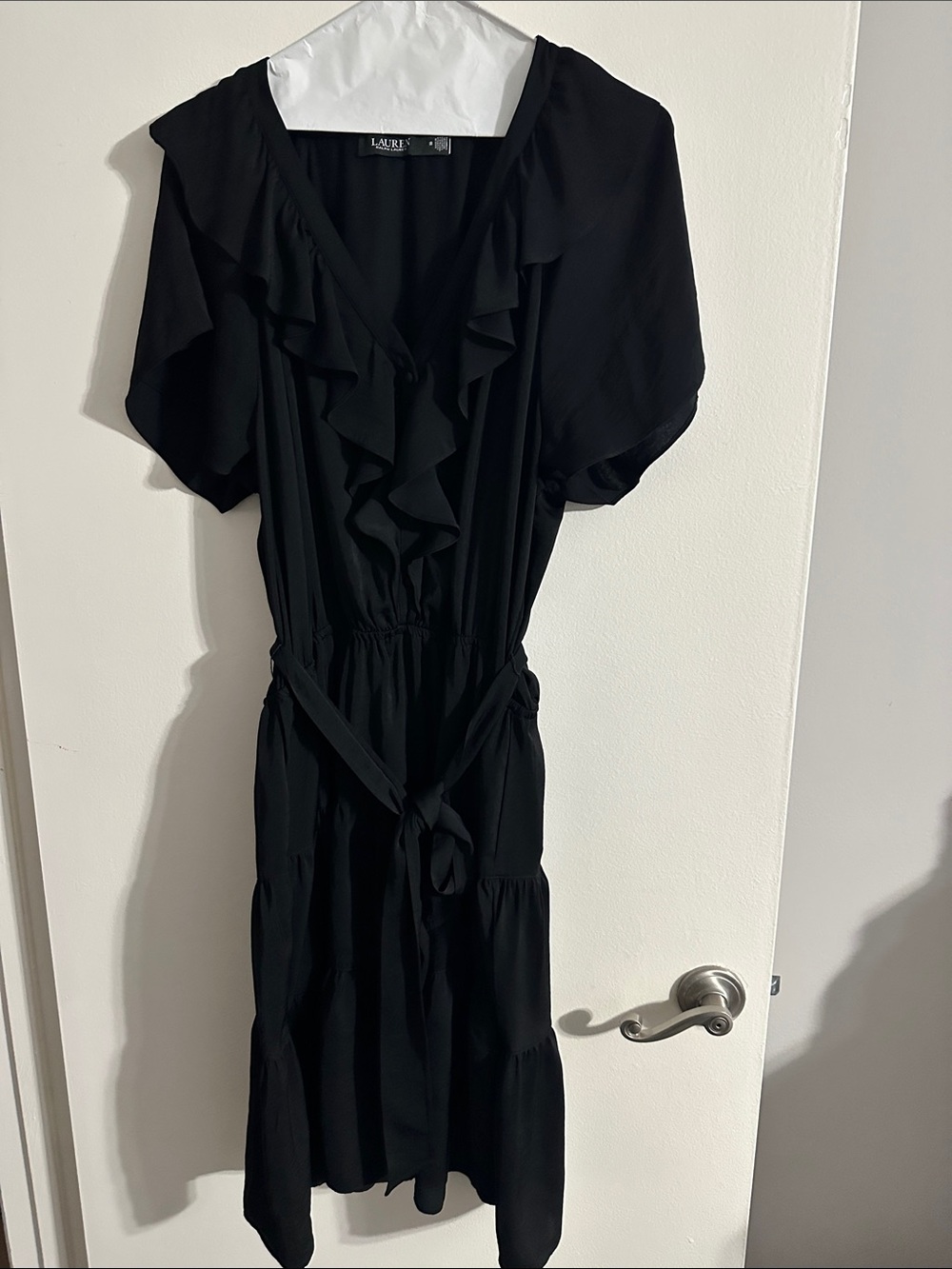 Lauren Ralph Lauren Black Ruffle-Front Tie-Waist Midi Dress